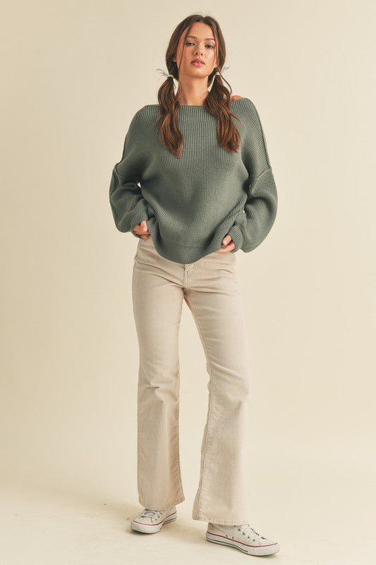 Boat Neck, Bubble Sleeve Sweater - Sage-Sweater- Hometown Style HTS, women's in store and online boutique located in Ingersoll, Ontario