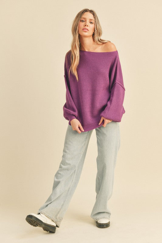 Boat Neck, Bubble Sleeve Sweater - Purple-Sweater- Hometown Style HTS, women's in store and online boutique located in Ingersoll, Ontario