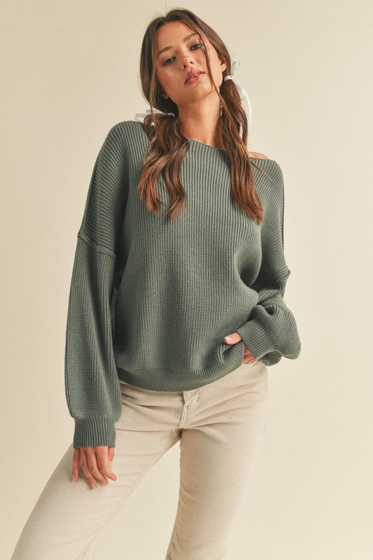 Boat Neck, Bubble Sleeve Sweater - Sage-Sweater- Hometown Style HTS, women's in store and online boutique located in Ingersoll, Ontario