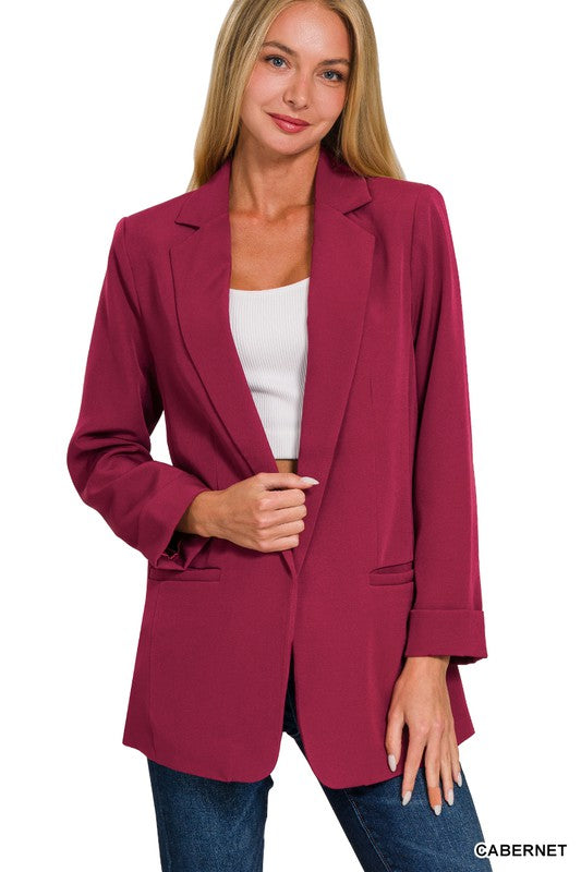Open Front Classic Blazer - Wine-blazer- Hometown Style HTS, women's in store and online boutique located in Ingersoll, Ontario