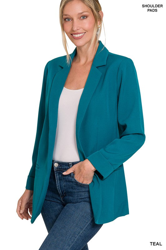 Open Front Classic Blazer - Teal-blazer- Hometown Style HTS, women's in store and online boutique located in Ingersoll, Ontario