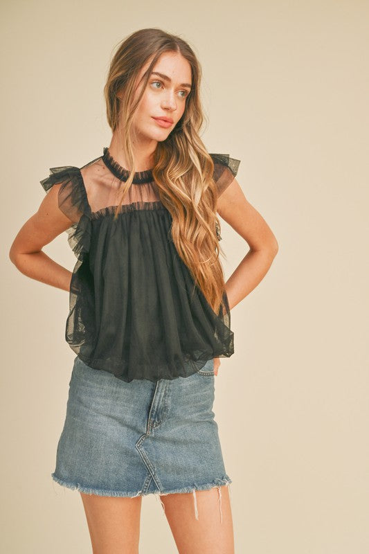 Mesh, Flutter Sleeve Blouse - Black-blouse- Hometown Style HTS, women's in store and online boutique located in Ingersoll, Ontario