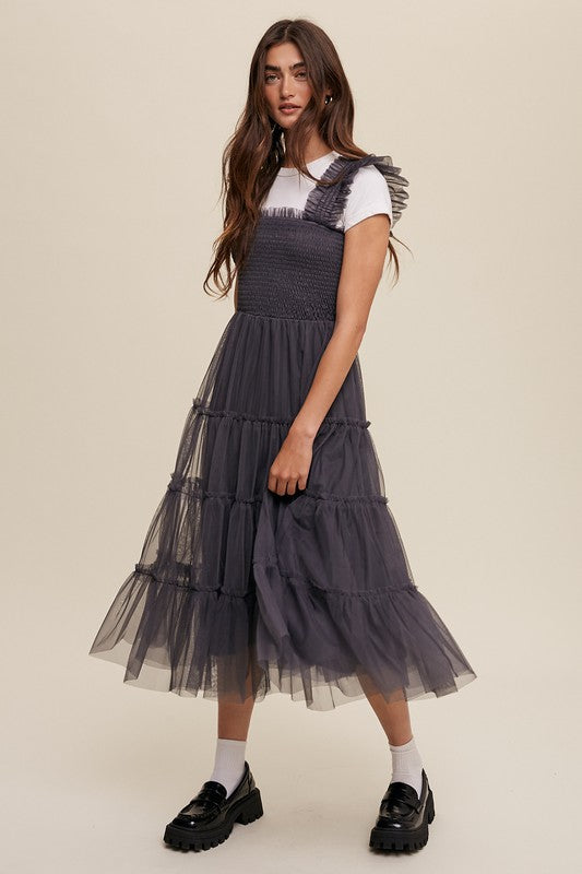 Smocked, Ruffle Tiered Mesh Maxi Dress - Charcoal-Dress- Hometown Style HTS, women's in store and online boutique located in Ingersoll, Ontario