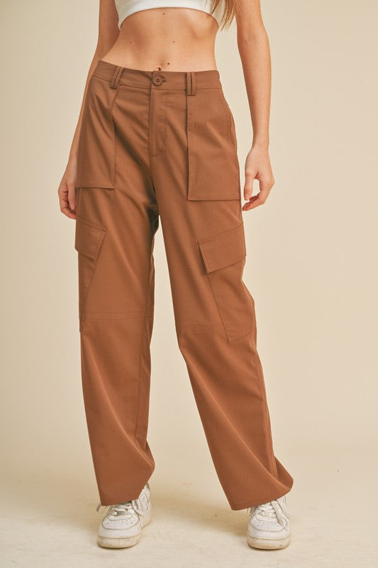 Wide Leg Cargo Pant - Chocolate-Pants- Hometown Style HTS, women's in store and online boutique located in Ingersoll, Ontario