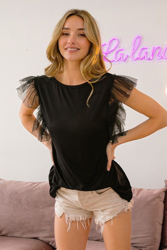 Pearl and Tulle Trim Sleeveless Top - Black-Tops- Hometown Style HTS, women's in store and online boutique located in Ingersoll, Ontario