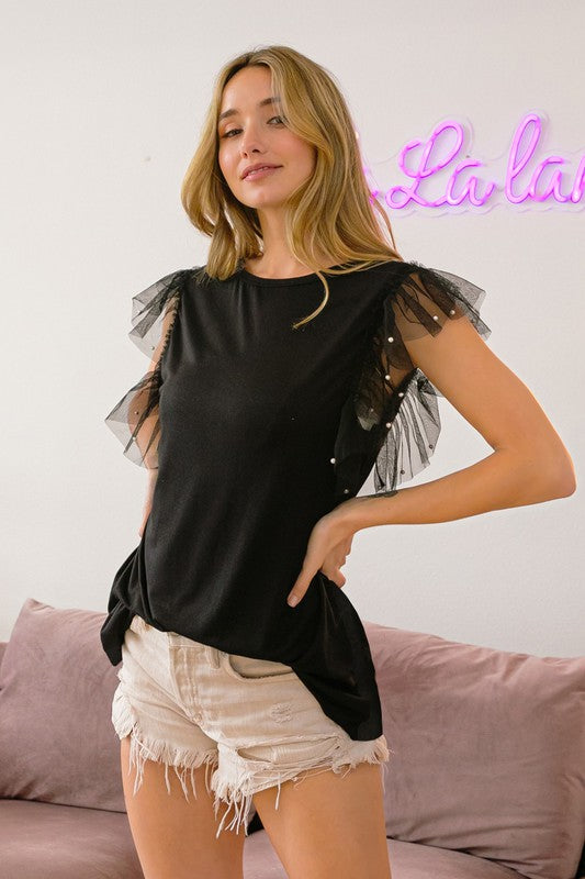 Pearl and Tulle Trim Sleeveless Top - Black-Tops- Hometown Style HTS, women's in store and online boutique located in Ingersoll, Ontario