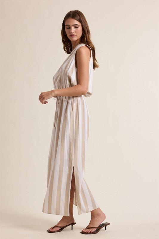 Striped Maxi Dress with Drawstring-Casual Dresses- Hometown Style HTS, women's in store and online boutique located in Ingersoll, Ontario