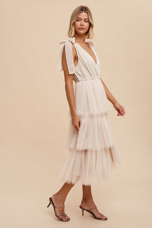 Tiered Tulle Holiday Midi Dress - Buttercream-Dress- Hometown Style HTS, women's in store and online boutique located in Ingersoll, Ontario