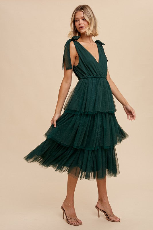 Tiered Tulle Holiday Midi Dress - Holiday Green-Dress- Hometown Style HTS, women's in store and online boutique located in Ingersoll, Ontario
