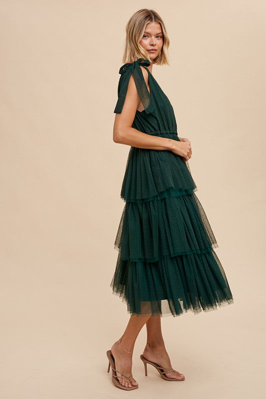 Tiered Tulle Holiday Midi Dress - Holiday Green-Dress- Hometown Style HTS, women's in store and online boutique located in Ingersoll, Ontario