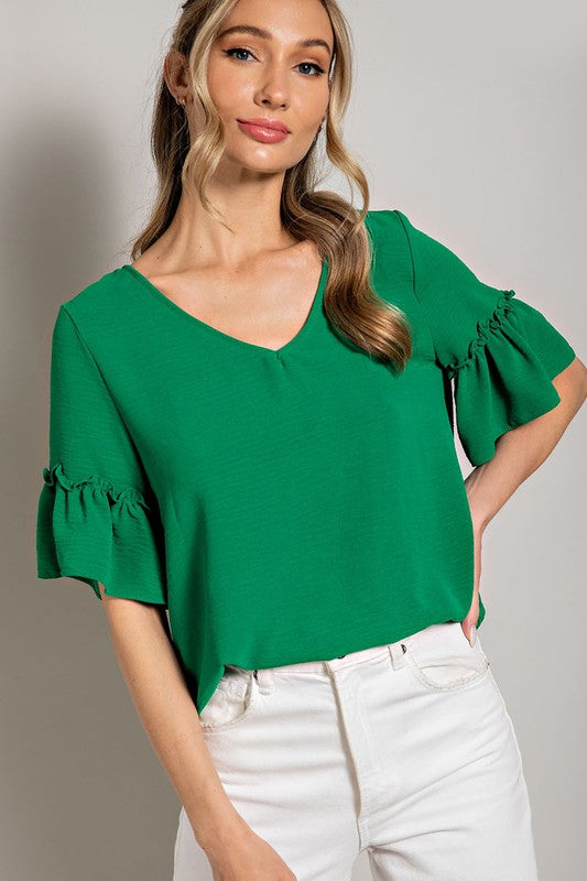 V neck with Ruffle Sleeves - Kelly Green-blouse- Hometown Style HTS, women's in store and online boutique located in Ingersoll, Ontario