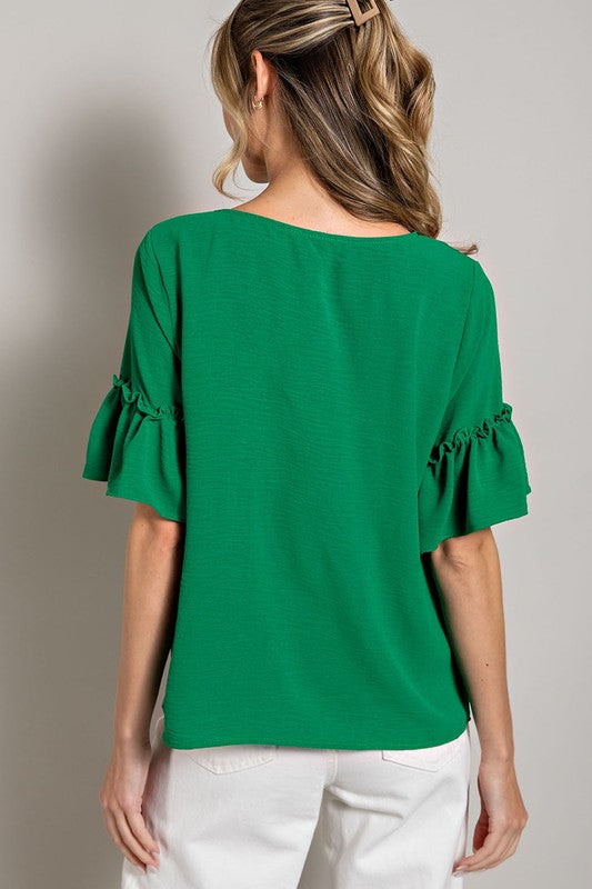 V neck with Ruffle Sleeves - Kelly Green-blouse- Hometown Style HTS, women's in store and online boutique located in Ingersoll, Ontario