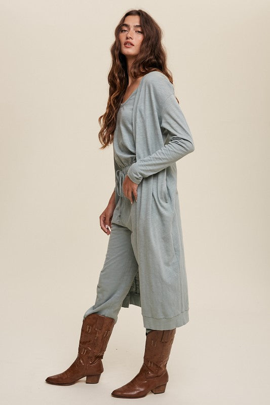 Cotton Jumpsuit and Cardigan Set - Sage-set- Hometown Style HTS, women's in store and online boutique located in Ingersoll, Ontario