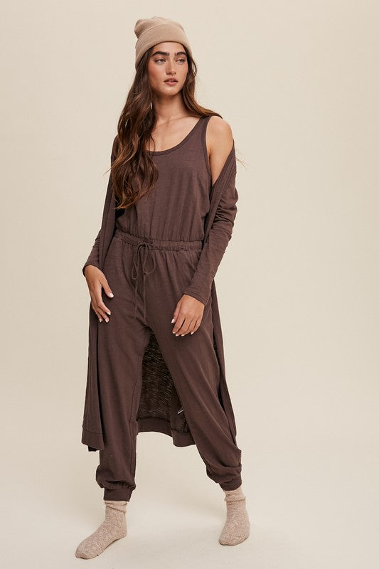 Cotton Jumpsuit and Cardigan Set - Mocha-set- Hometown Style HTS, women's in store and online boutique located in Ingersoll, Ontario