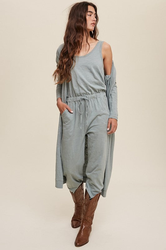 Cotton Jumpsuit and Cardigan Set - Sage-set- Hometown Style HTS, women's in store and online boutique located in Ingersoll, Ontario