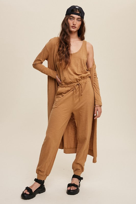 Cotton Jumpsuit and Cardigan Set - Butterscotch-set- Hometown Style HTS, women's in store and online boutique located in Ingersoll, Ontario