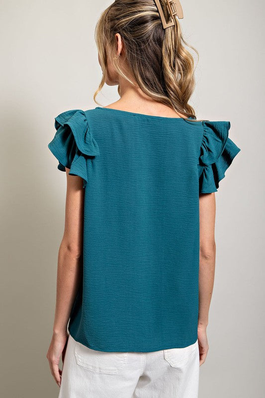 Ruffle Shoulder Top- Teal-blouse- Hometown Style HTS, women's in store and online boutique located in Ingersoll, Ontario