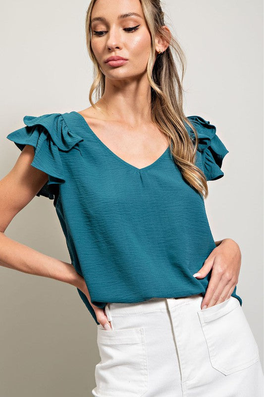 Ruffle Shoulder Top- Teal-blouse- Hometown Style HTS, women's in store and online boutique located in Ingersoll, Ontario