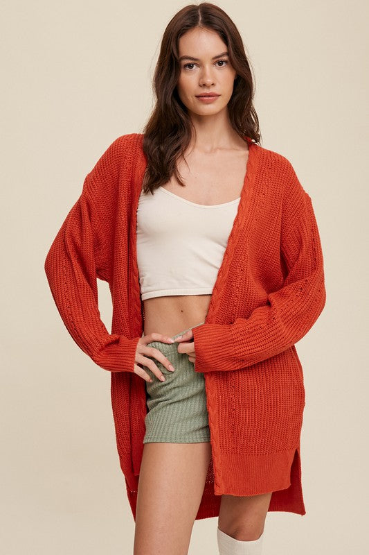 Cable Knit, Long Cardigan - Red/Orange-cardigan- Hometown Style HTS, women's in store and online boutique located in Ingersoll, Ontario