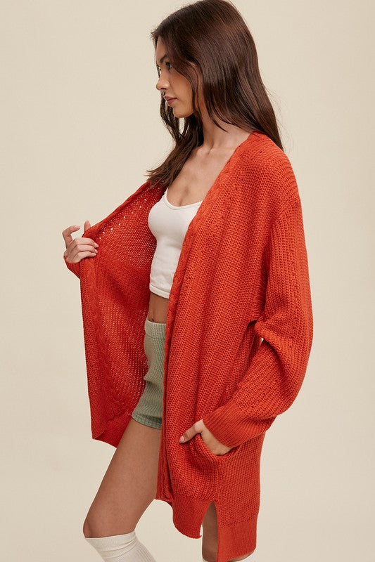 Cable Knit, Long Cardigan - Red/Orange-cardigan- Hometown Style HTS, women's in store and online boutique located in Ingersoll, Ontario