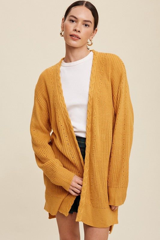 Cable Knit, Long Cardigan - Mustard-cardigan- Hometown Style HTS, women's in store and online boutique located in Ingersoll, Ontario