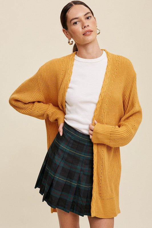 Cable Knit, Long Cardigan - Mustard-cardigan- Hometown Style HTS, women's in store and online boutique located in Ingersoll, Ontario