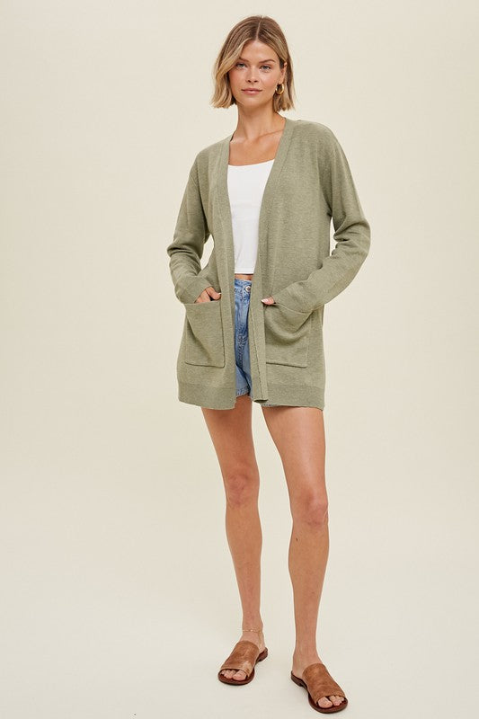 Heathered Cardigan with Pockets - Sage-Sweater- Hometown Style HTS, women's in store and online boutique located in Ingersoll, Ontario