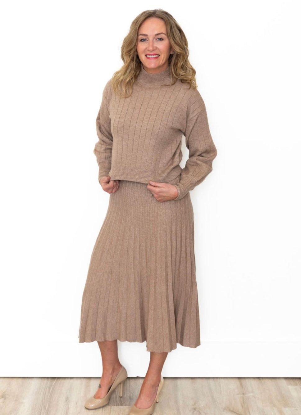 A Line Pleated Sweater Midi Skirt - Light Mocha-Skirts- Hometown Style HTS, women's in store and online boutique located in Ingersoll, Ontario