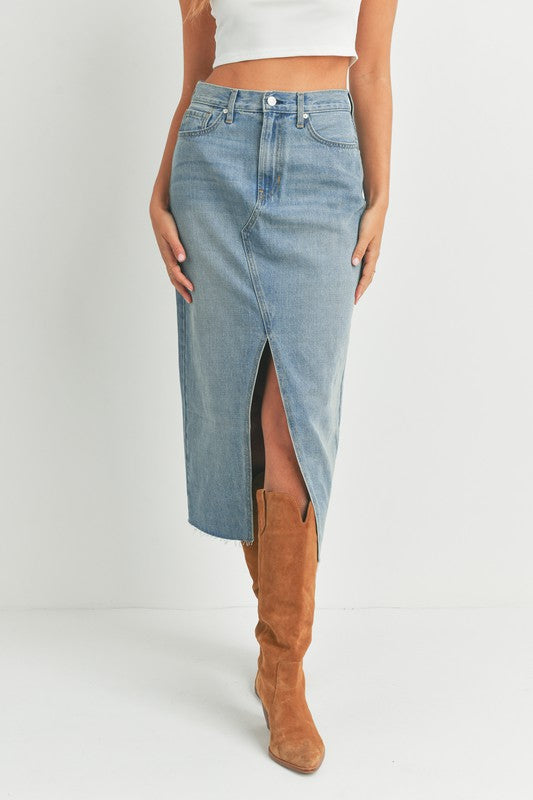 High Rise, Denim Midi Skirt - Light-Skirt- Hometown Style HTS, women's in store and online boutique located in Ingersoll, Ontario