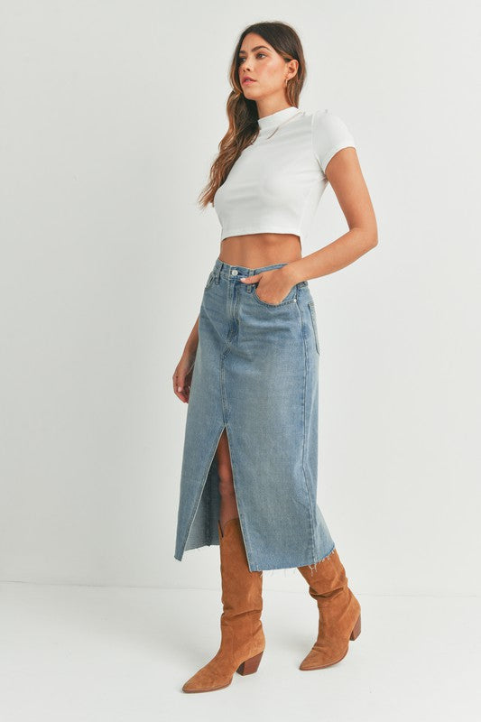 High Rise, Denim Midi Skirt - Light-Skirt- Hometown Style HTS, women's in store and online boutique located in Ingersoll, Ontario