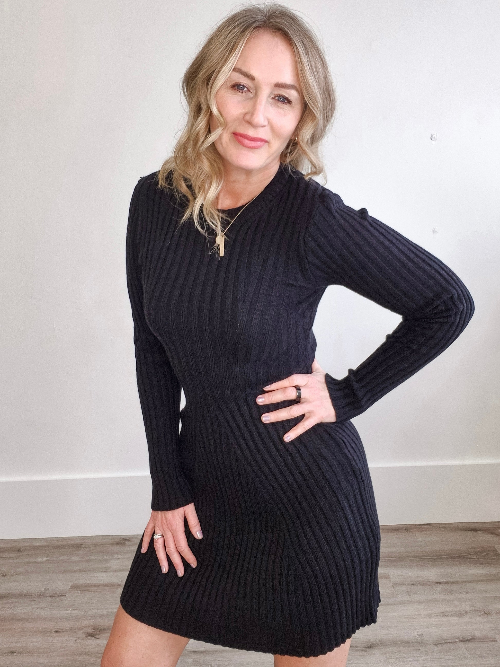 Long Sleeve Knitted Dress - Black-Casual Dresses- Hometown Style HTS, women's in store and online boutique located in Ingersoll, Ontario