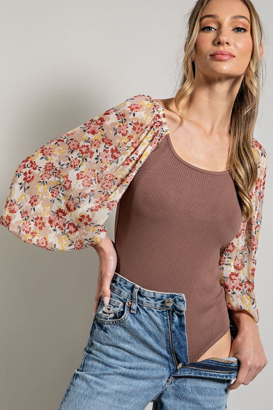 Floral Sleeve Bodysuit - Brown-bodysuit- Hometown Style HTS, women's in store and online boutique located in Ingersoll, Ontario