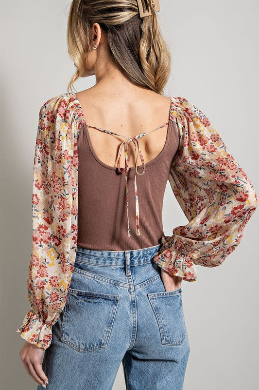 Floral Sleeve Bodysuit - Brown-bodysuit- Hometown Style HTS, women's in store and online boutique located in Ingersoll, Ontario