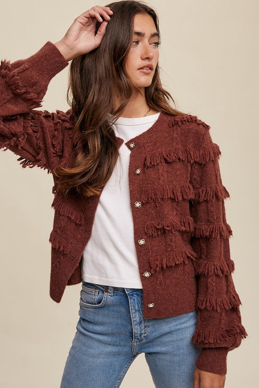 Fringe Button Down Cardigan - Red Bean-Sweater- Hometown Style HTS, women's in store and online boutique located in Ingersoll, Ontario
