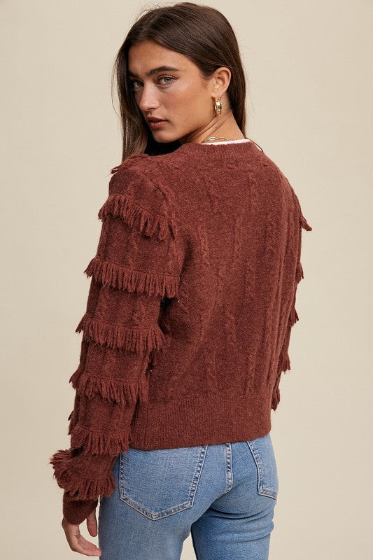 Fringe Button Down Cardigan - Red Bean-Sweater- Hometown Style HTS, women's in store and online boutique located in Ingersoll, Ontario