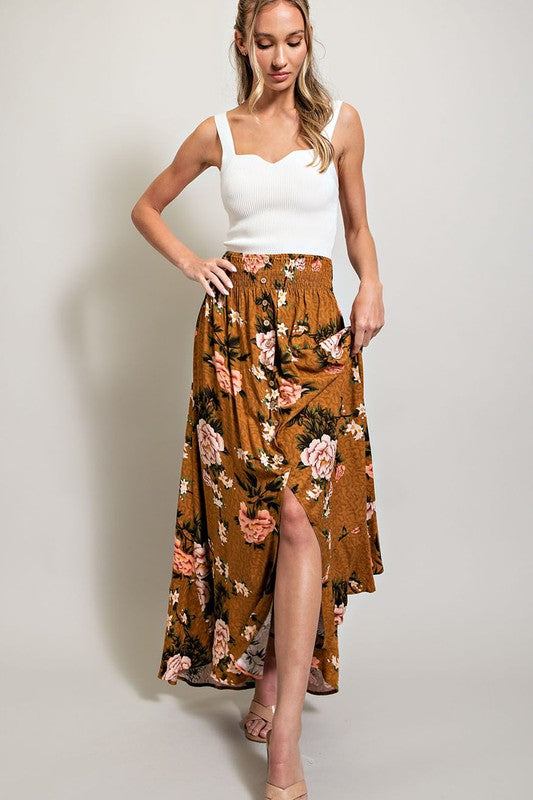 Long Floral Printed Skirt - Brown-Skirts- Hometown Style HTS, women's in store and online boutique located in Ingersoll, Ontario
