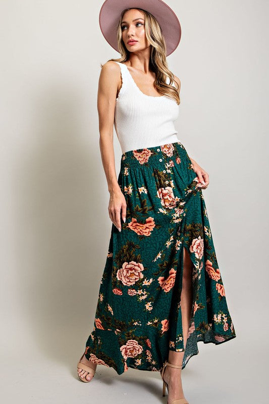 Long Floral Printed Skirt - Teal-Skirts- Hometown Style HTS, women's in store and online boutique located in Ingersoll, Ontario