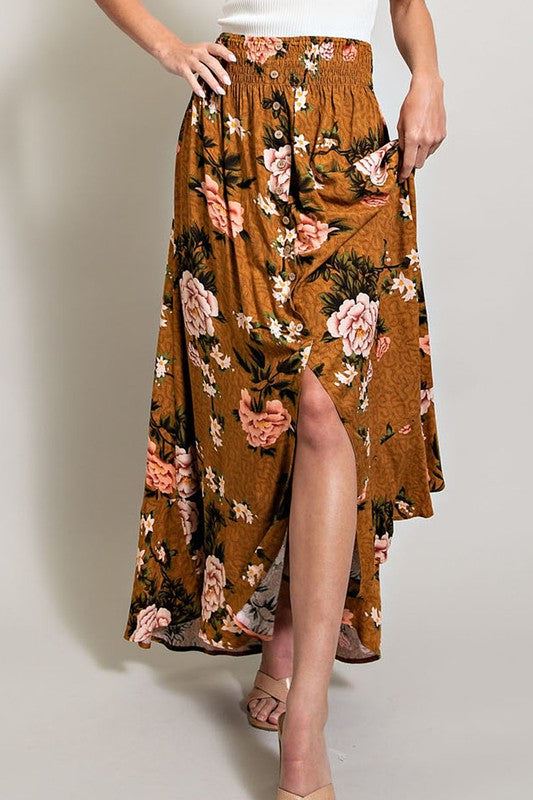 Long Floral Printed Skirt - Brown-Skirts- Hometown Style HTS, women's in store and online boutique located in Ingersoll, Ontario