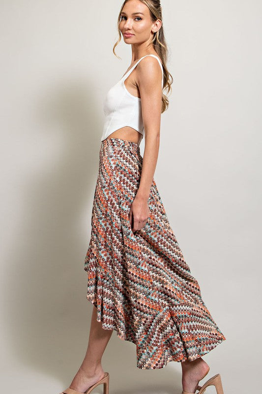 Midi Skirt with open Slit - Brown Print-Skirt- Hometown Style HTS, women's in store and online boutique located in Ingersoll, Ontario