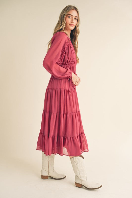 Round Neck, Balloon Sleeve Midi Dress - Magenta-Dress- Hometown Style HTS, women's in store and online boutique located in Ingersoll, Ontario