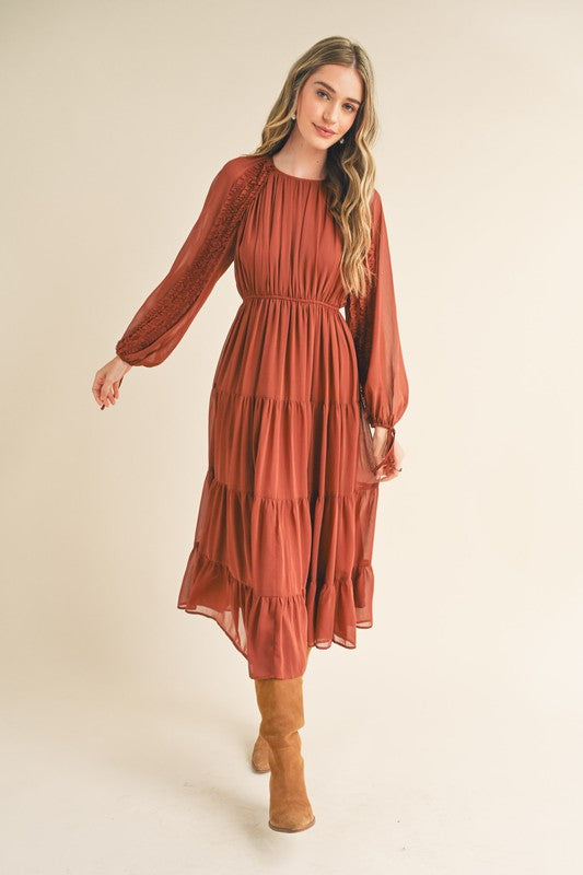 Round Neck, Balloon Sleeve Midi Dress - Copper Brown-Dress- Hometown Style HTS, women's in store and online boutique located in Ingersoll, Ontario