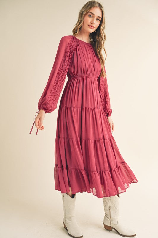 Round Neck, Balloon Sleeve Midi Dress - Magenta-Dress- Hometown Style HTS, women's in store and online boutique located in Ingersoll, Ontario