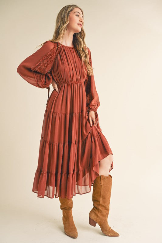 Round Neck, Balloon Sleeve Midi Dress - Copper Brown-Dress- Hometown Style HTS, women's in store and online boutique located in Ingersoll, Ontario