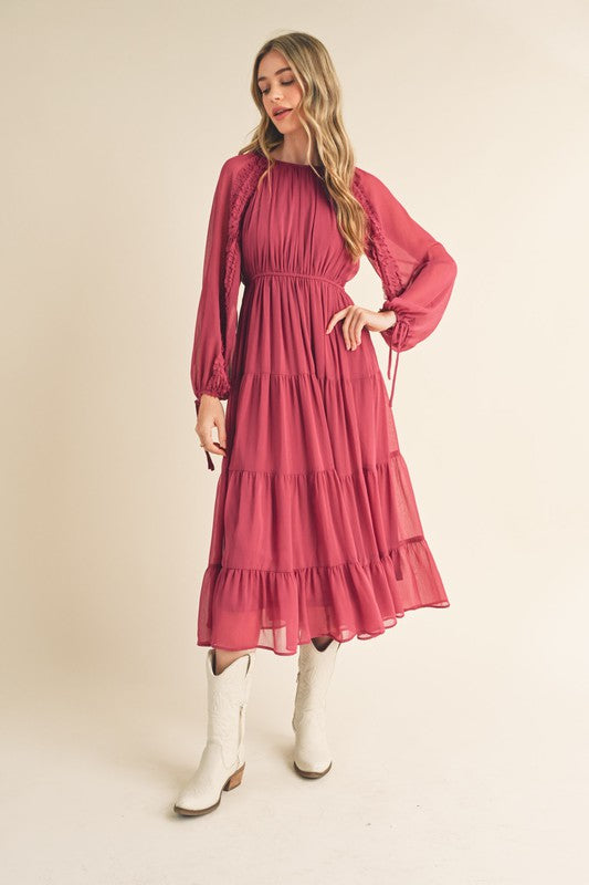 Round Neck, Balloon Sleeve Midi Dress - Magenta-Dress- Hometown Style HTS, women's in store and online boutique located in Ingersoll, Ontario