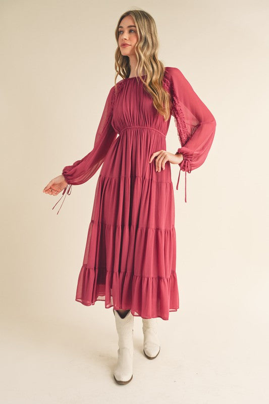 Round Neck, Balloon Sleeve Midi Dress - Magenta-Dress- Hometown Style HTS, women's in store and online boutique located in Ingersoll, Ontario