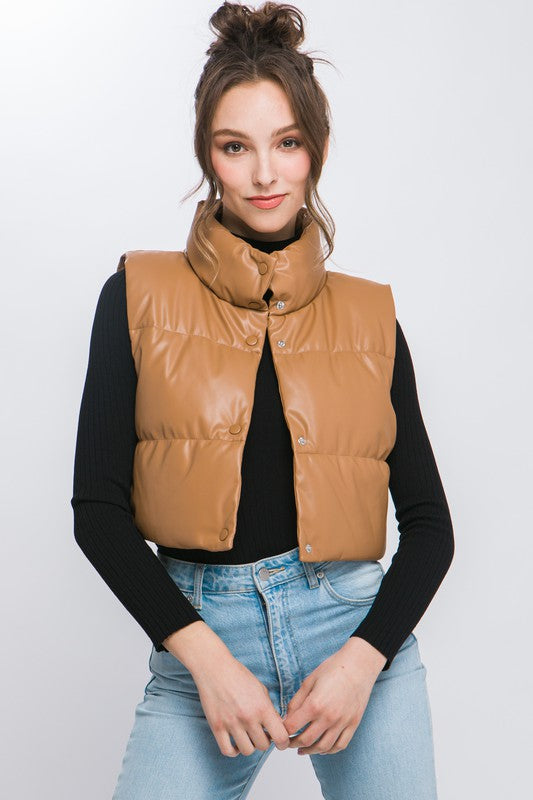 Vegan Leather Puffer Vest - Camel-Vests- Hometown Style HTS, women's in store and online boutique located in Ingersoll, Ontario