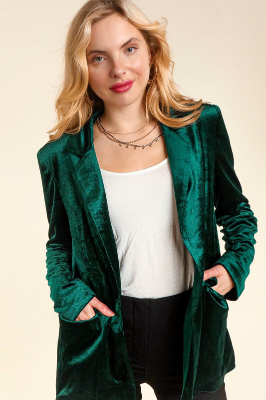 Velvet Blazer with Pockets - Hunter Green-blazer- Hometown Style HTS, women's in store and online boutique located in Ingersoll, Ontario