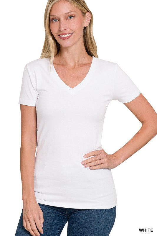 Basic Cotton V Neck Tee - White-tee- Hometown Style HTS, women's in store and online boutique located in Ingersoll, Ontario