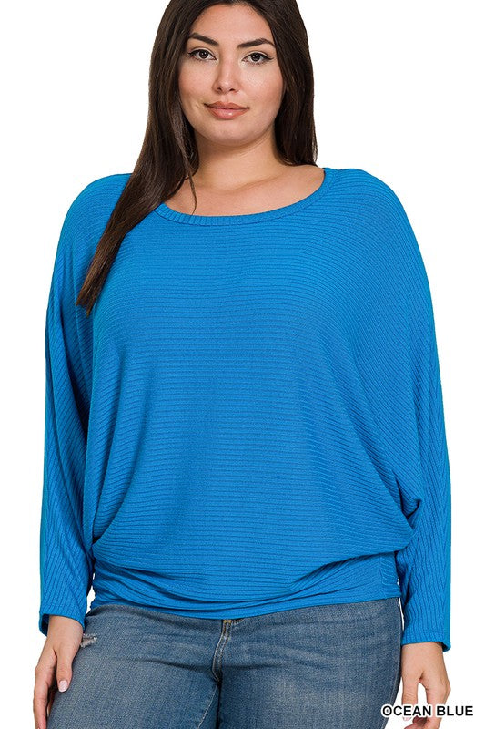 Ribbed Batwing Long Sleeve - EX - Ocean Blue-Tops- Hometown Style HTS, women's in store and online boutique located in Ingersoll, Ontario