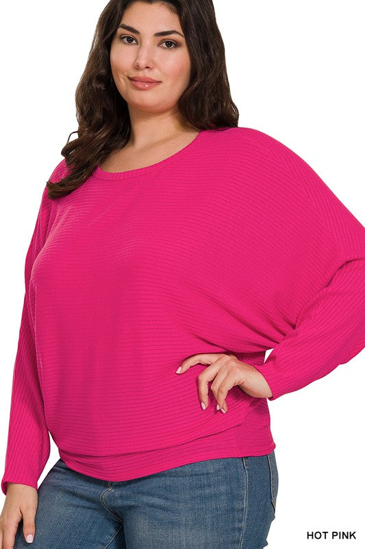 Ribbed Batwing Long Sleeve - EX - Hot Pink-Tops- Hometown Style HTS, women's in store and online boutique located in Ingersoll, Ontario